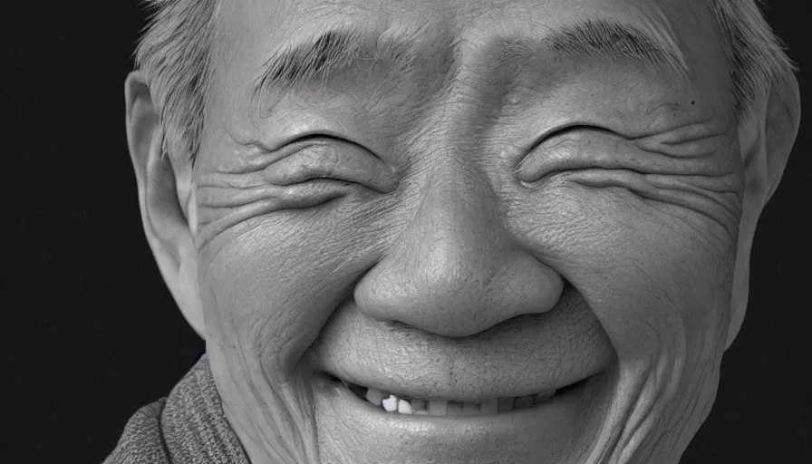 Prompt: 80 year old Japanese man smiling in sepia, hyperdetailed, artstation, cgsociety, 8k