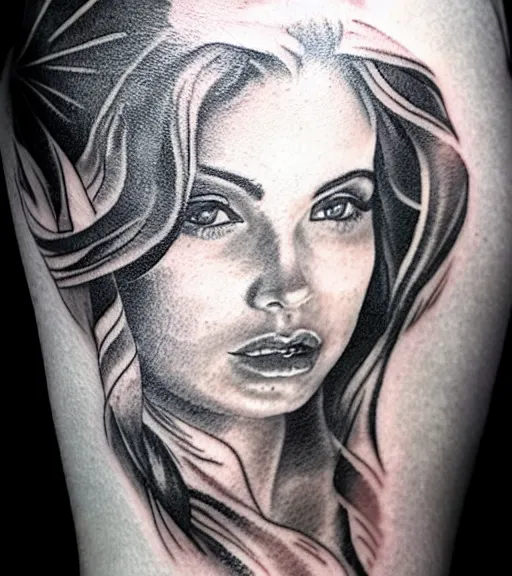 Image similar to tattoo design sketch of a beautiful girl portrait and a faded mountain background, in the style of den yakovlev, black and white, realism tattoo, hyper realistic, highly detailed