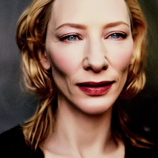 Image similar to very detailed and textured portrait of cate blanchett in 1999, by Steve McCurry, cinestill 800t 18mm 4k