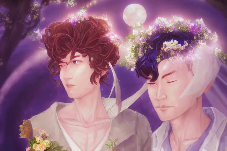 Image similar to a cinematic portrait of wedding photograph jpeg close up moment of a divine a japan sun god and moon goddess lovers magician at a wedding banquet. portraiture. digital painting. artstation. concept art. wedding photo. digital painting. violet evergarden art masterpiece by art by krenz cushart