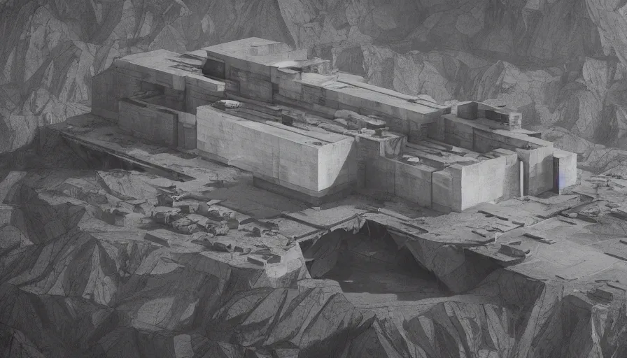 Prompt: big brutalist imperial military base on cliffs, drawing architecture, cinematic shot by greig fraser, very long shot, top angle, imperial architecture in rogue one, pritzker architecture prize, brutalism architecture, jan urschel