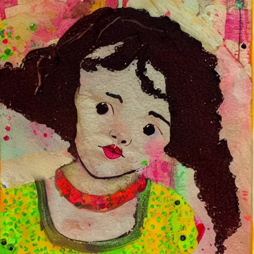 Image similar to a mixed media painting of a whimsical girl