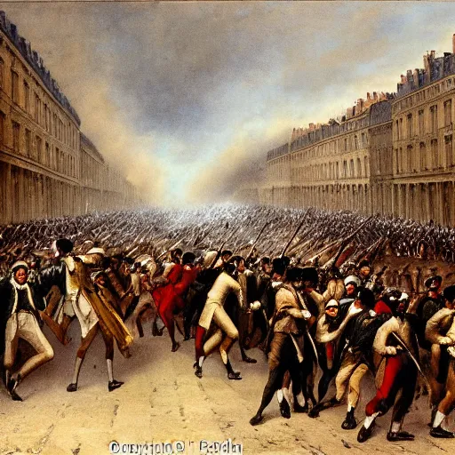 Image similar to Painting of a crowd during the french revolution one early morning in a street in Paris with gun smoke and mist over the crowds, eugène de lacroix, aesthetic, High quality, sharp focus,