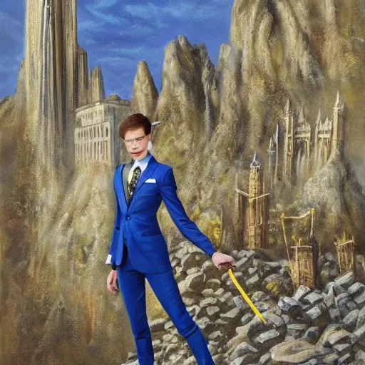 Prompt: portrait of a beautiful androgynous actress with medium-length messy spiked auburn hair and pointed elf ears and dressed in a blue men's suit with a yellow tie, standing on a stone bridge with a fantasy metropolis of tall stone towers in the background, oil painting in the style of Alex Ross