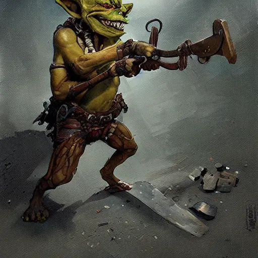 Image similar to a crazy goblin with a slingshot, wearing a grenade belt, by Greg Rutkowski