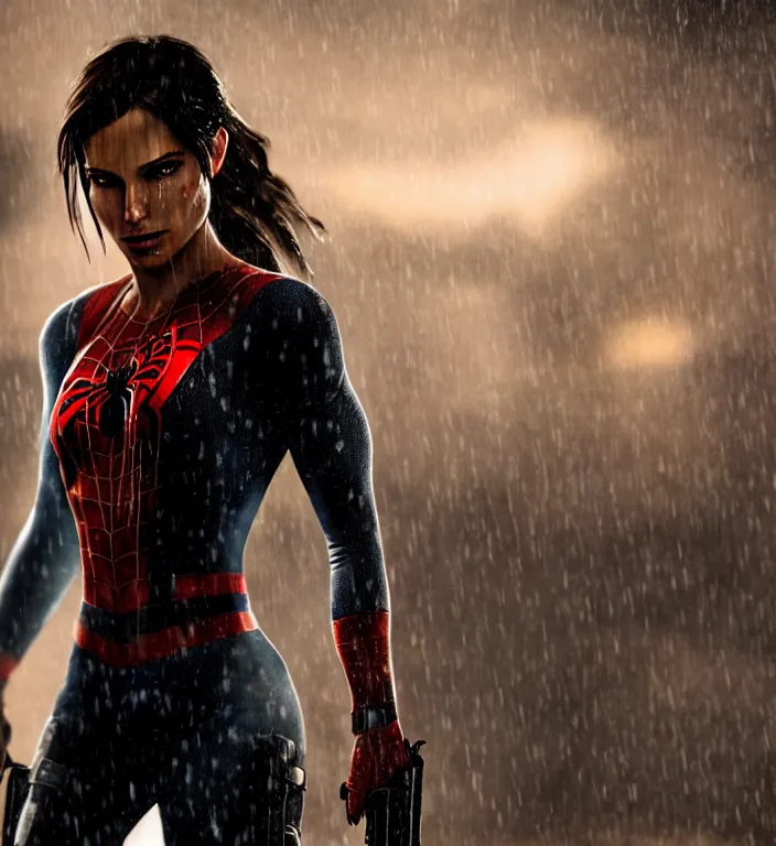 Prompt: cinematic of lara croft as spiderman, dramatic rain, 8 k, moody lighting