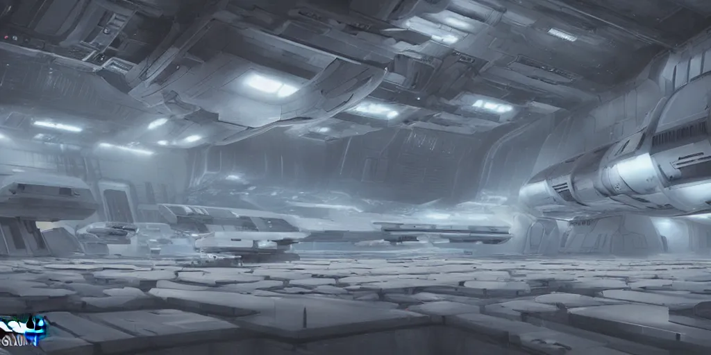 Image similar to one thousand aligned cryogenic pods, spaceship hangar, symmetrical, sci-fi, cryogenic pods, many cryogenic pods, interior, fantasy, 4k, wide shot, matte painting, oil painting, concept art, art station, star wars style