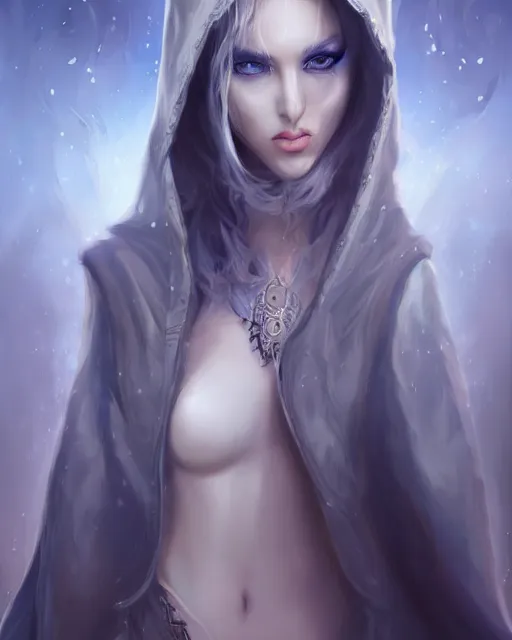 Image similar to A beautiful mysterious girl with hooded cobalt-blue eyes and silky white hair, guitar shape build, her wardrobe is attractive, full body, fantasy art, in the style of Fernando Juarez, illustration, epic art, fantasy, intricate, elgant, amazing detail, digital painting, artstation, concept art, smooth, sharp focus