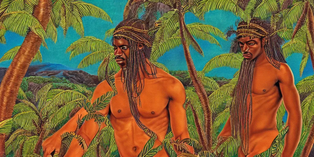 Image similar to a beautiful tropical landscape, portrait of a dark - skinned greek god. 2 4 mm, photorealistic, abstract, directed by mati klarwein