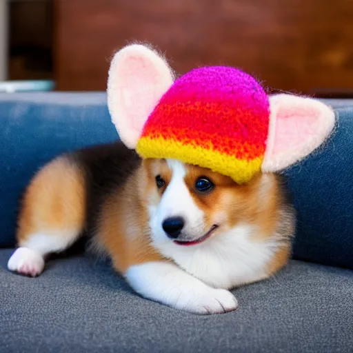 Image similar to 8k highly detailed photograph of the most adorable Corgi Puppy wearing a cute rainbow bowler hat, posing on my couch, golden hour,