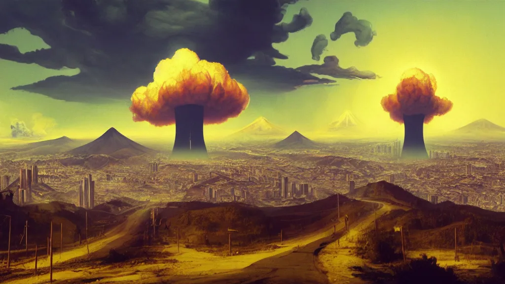 Prompt: Nuclear Fallout towering over the town of Quito by Simon Stålenhag and J.M.W. Turner, oil on canvas; Art Direction by Adam Adamowicz; 4K, 8K; Ultra-Realistic Depth Shading