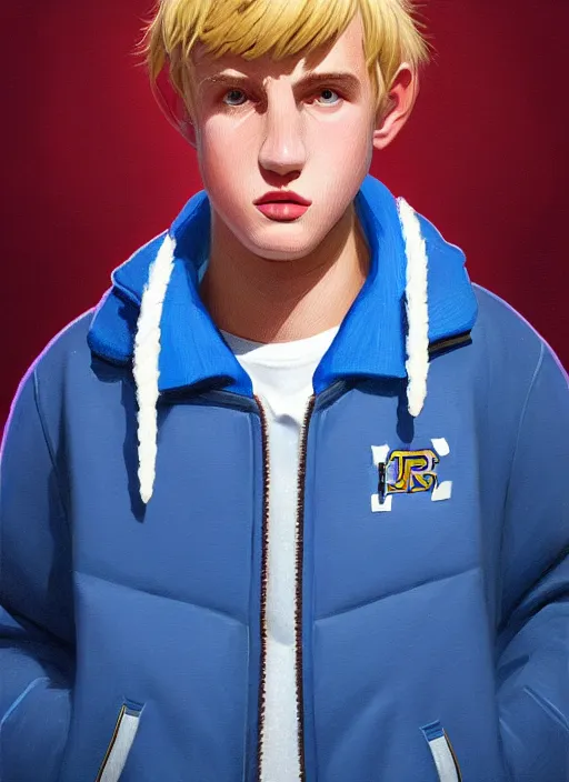 Image similar to portrait of high school senior boy named big moose, blonde short hair, jock, beefy, wide face, square jaw, square facial structure, blue varsity jacket with letter r, intricate, elegant, glowing lights, highly detailed, digital painting, artstation, concept art, sharp focus, illustration, art by wlop, mars ravelo and greg rutkowski