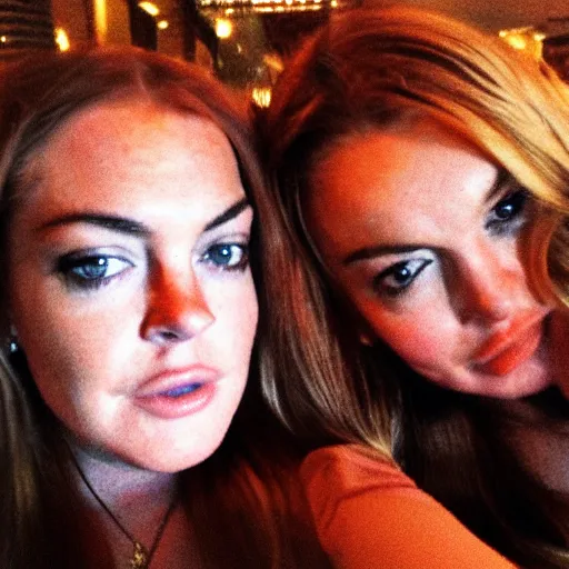 Image similar to Selfie photograph of Lindsay Lohan and Lindsay Lohan, golden hour, 8k,