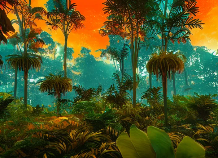 Prompt: a lush alien forest, teal sky, orange plants, birds in flight, humid alien jungle, orange and teal color scheme, atmospheric, exotic, colorful, unreal engine, trending on artstation