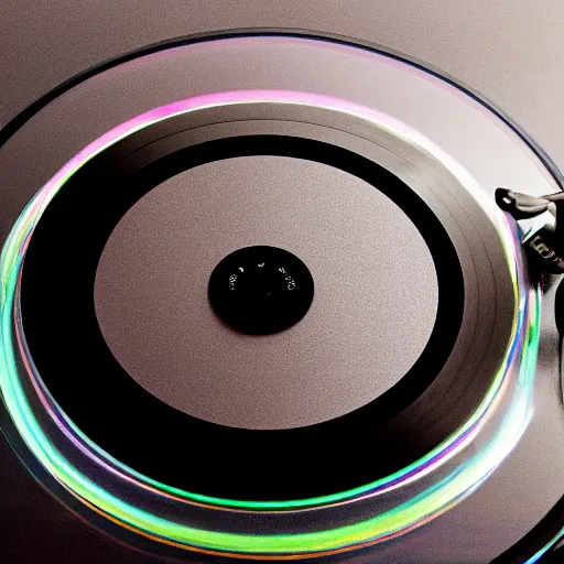 Prompt: a professional studio photograph of a transparent perspex iridescent turntable