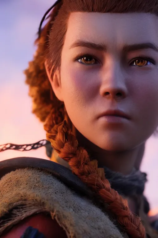 Image similar to aloy from horizon : forbidden west at night. photoreal, closeup portrait. shallow depth of field field.