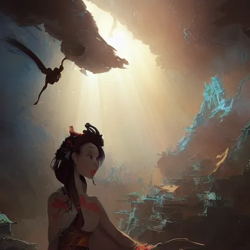 Image similar to god emperess mulan in the style of craig mullins, greg rutkowski, peter mohrbacher, and drew struzan. epic, majestic, awe inspiring, god rays, fissures, divine, church painting, intricate armor, extreme detail, high octane,