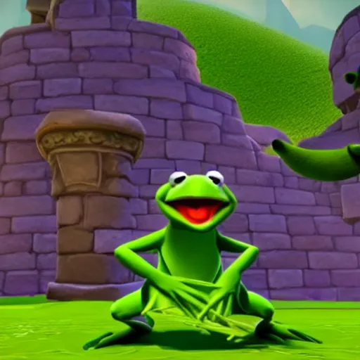 Prompt: screenshot of a kermit the frog as an npc in spyro the dragon video game, with playstation 1 graphics, activision blizzard, upscaled to high resolution