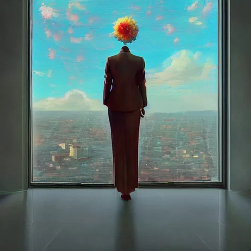 Image similar to huge flower as head, woman in suit standing by tall modern windows, luxury apartment, surreal photography, sunlight, impressionist painting, digital painting, artstation, simon stalenhag