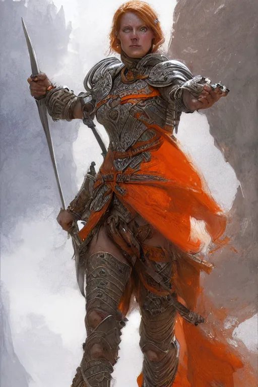 Prompt: full - body portrait of a ranger, female, white and orange breastplate, magical, high fantasy, d & d, by donato giancola, craig mullins, jeremy mann, face details, extremely detailed, digital illustration