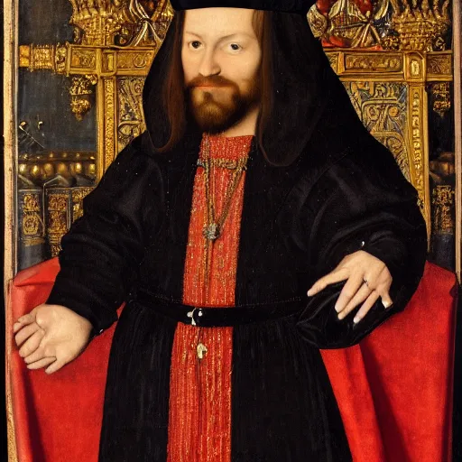 Prompt: Official royal portrait of a king, middle ages, full body, front facing, ominous, black beard, wearing royal crown, dark red embellished tunic, dark background, detailed, hans holbein, highly dramatic, 15th century oil painting
