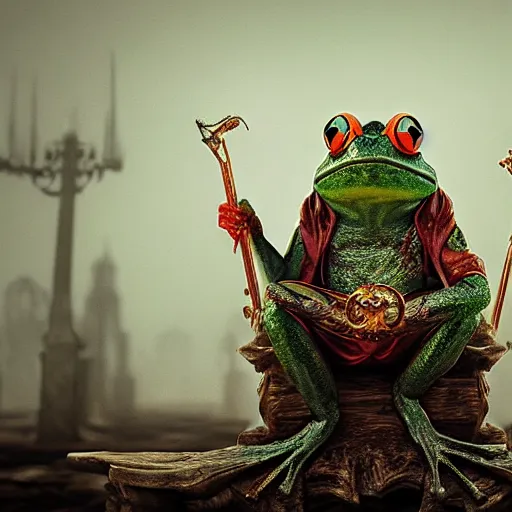 Image similar to a frog wizard sitting on a throne on an apocalyptic plagued swamp, trending artstation, octane render, 8k, cinematic lightning, matte painting,