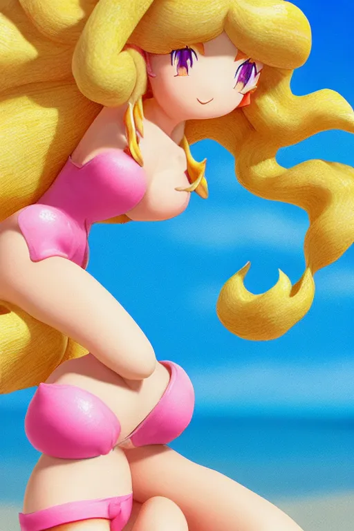 Prompt: princess peach on a beach sunbathing, incredibly highly detailed, crisp details, anime style