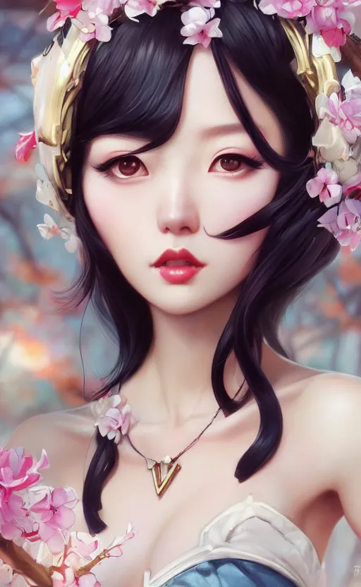 Image similar to a pin up and beautiful fashion charming dreamlke korea girl with lv jewelry, character art, art by artgerm lau and kyoung hwan kim and and ilya kuvshinov and john singer sargent, hyperdetailed, 8 k realistic, symmetrical, frostbite 3 engine, cryengine, dof, trending on artstation, digital art