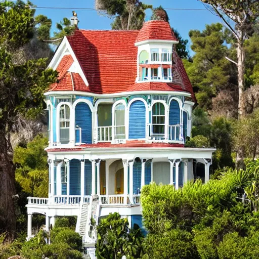 Prompt: a victorian style 2 story house on top of a hill surrounded by an ocean full of sharks