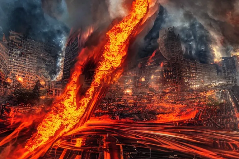 Image similar to destructive fire tornado in the city, photorealistic, highly detailed, sharp focus, vivid, colorful, symmetrical, random, convoluted, mind - blowing, creative, fully functional, end of the world, physics defying