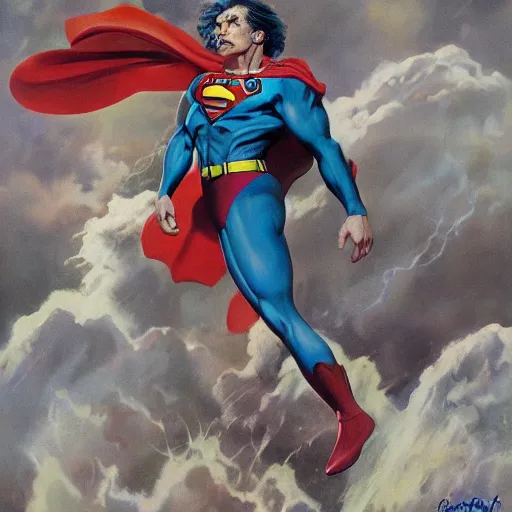 Image similar to ultra realistic portrait painting of albert einstein as superman, art by frank frazetta, 4 k, ultra realistic, highly detailed, epic lighting