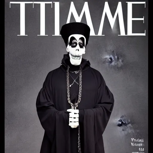 Image similar to a studio photograph for the cover of time magazine about sixth papa emeritus of band ghost