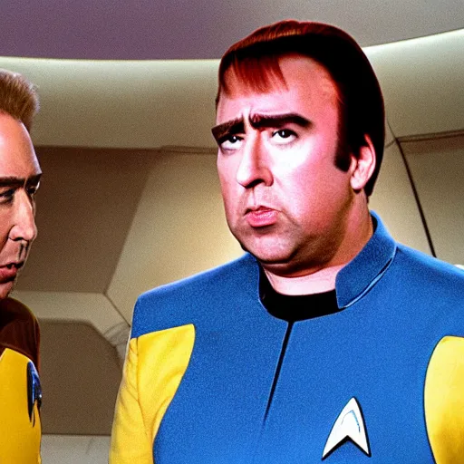 Image similar to a fat nic cage playing captain kirk in star trek, hd digital photography, movie still