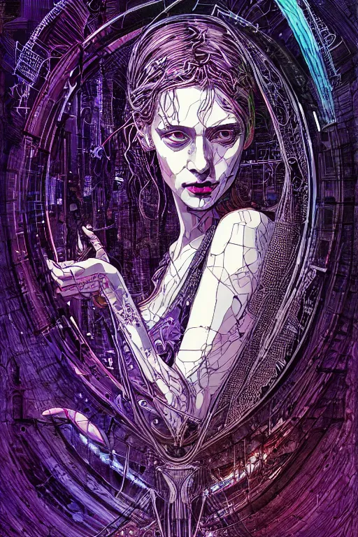 Image similar to dreamy cyberpunk girl, abstract mirrors, digital nodes, beautiful woman, detailed acrylic, grunge, intricate complexity, by dan mumford and by alberto giacometti, arthur rackham