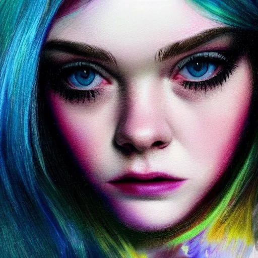 Image similar to professional painting of Elle Fanning in the style of a Crystal Castles album cover, head and shoulders portrait, symmetrical facial features, smooth, sharp focus, illustration, intricate, stormy weather, extremely detailed masterpiece,