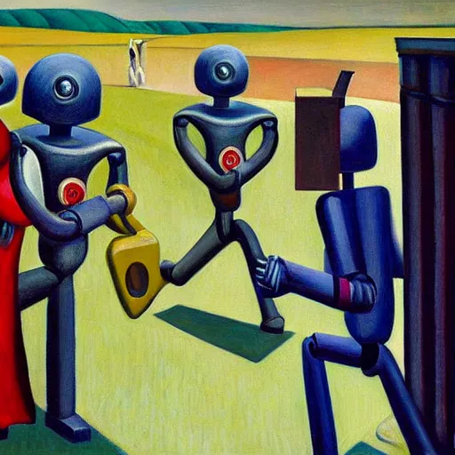 Prompt: robot bishop army, one robot a different color, grant wood, pj crook, edward hopper, oil on canvas