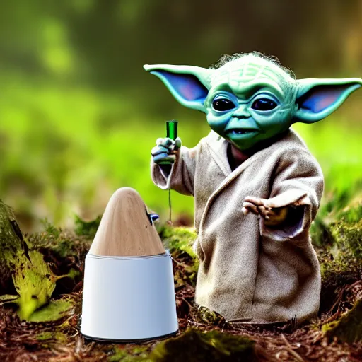 Image similar to baby Yoda photo realistic smoking a bong in a forest