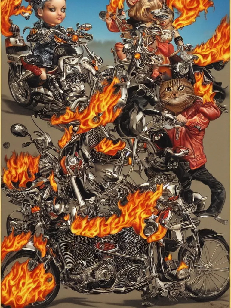 Prompt: a cat riding Harley Davidson on fire Mark Ryden and Alex Gross, Todd Schorr highly detailed