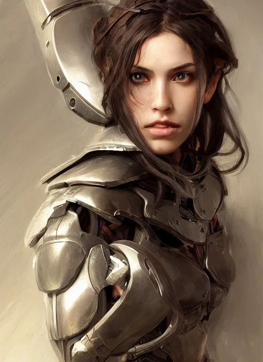 Image similar to a professional photographic portrait of a beautiful young female, partially clothed in battle armor, olive skin, long dark hair, beautiful bone structure, symmetrical facial features, intricate, elegant, digital painting, concept art, smooth, sharp focus, illustration, from Metal Gear, by Ruan Jia and Mandy Jurgens and Artgerm and William-Adolphe Bouguerea