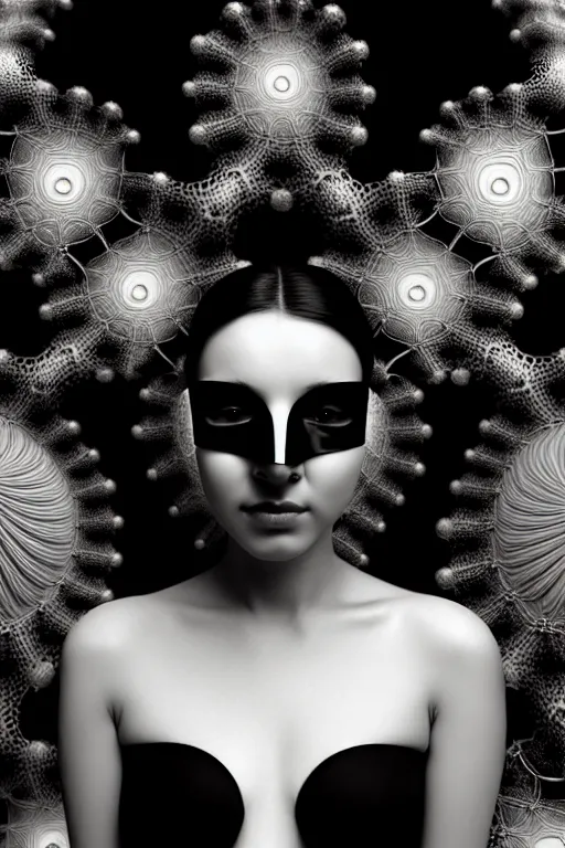 Image similar to portrait of a young beautiful woman with a mask. contemporary photograph, speed painting, fractal, mandelbulb. black and white, black on black. intricate, elegant, super highly detailed, professional digital painting, smooth, extreme illustration, Unreal Engine 5, Photorealism, HD quality, 8k resolution, 3D, beautiful, cinematic, art. art deco, 1950s suburbian.