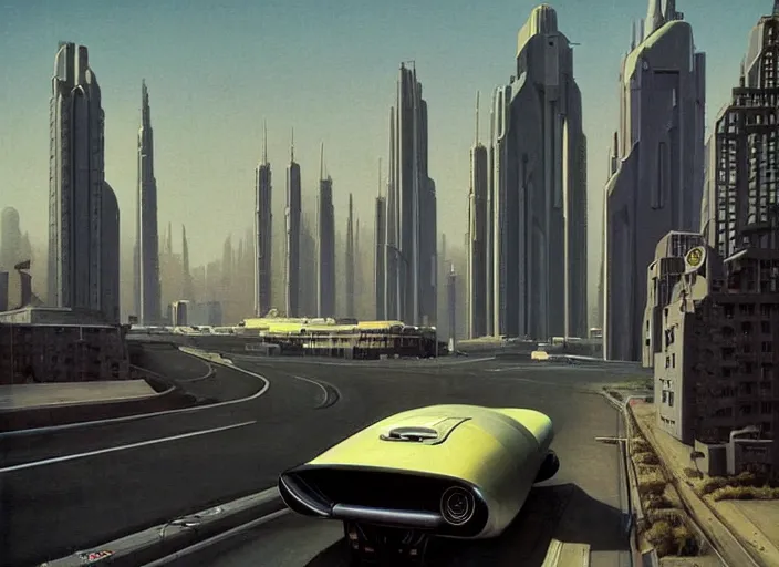 Prompt: a car! driving down a street next to tall buildings, cyberpunk art by Chesley Bonestell, cgsociety, retrofuturism, matte painting, reimagined by industrial light and magic
