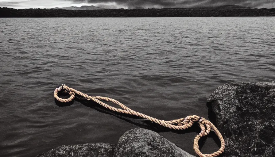 Prompt: photo of a rope on the surface of water, in the middle of a lake, overcast day, rocky foreground, 2 4 mm leica anamorphic lens, moody scene, stunning composition, hyper detailed, color kodak film stock