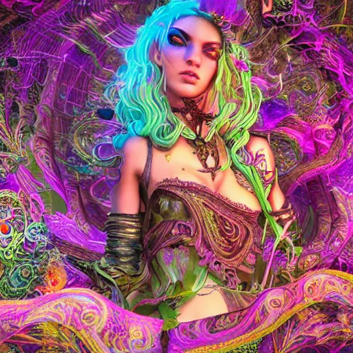 Image similar to psychadelic witch, hyper detailed, flowing psychadelic background intricate and detailed, ornate 8 k gorgeous intricate detailed, octane render