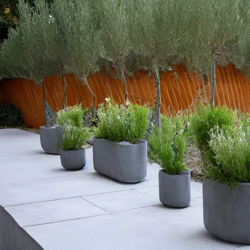 Image similar to creative concrete pots with seatings, olive trees, wpc decking on the floor