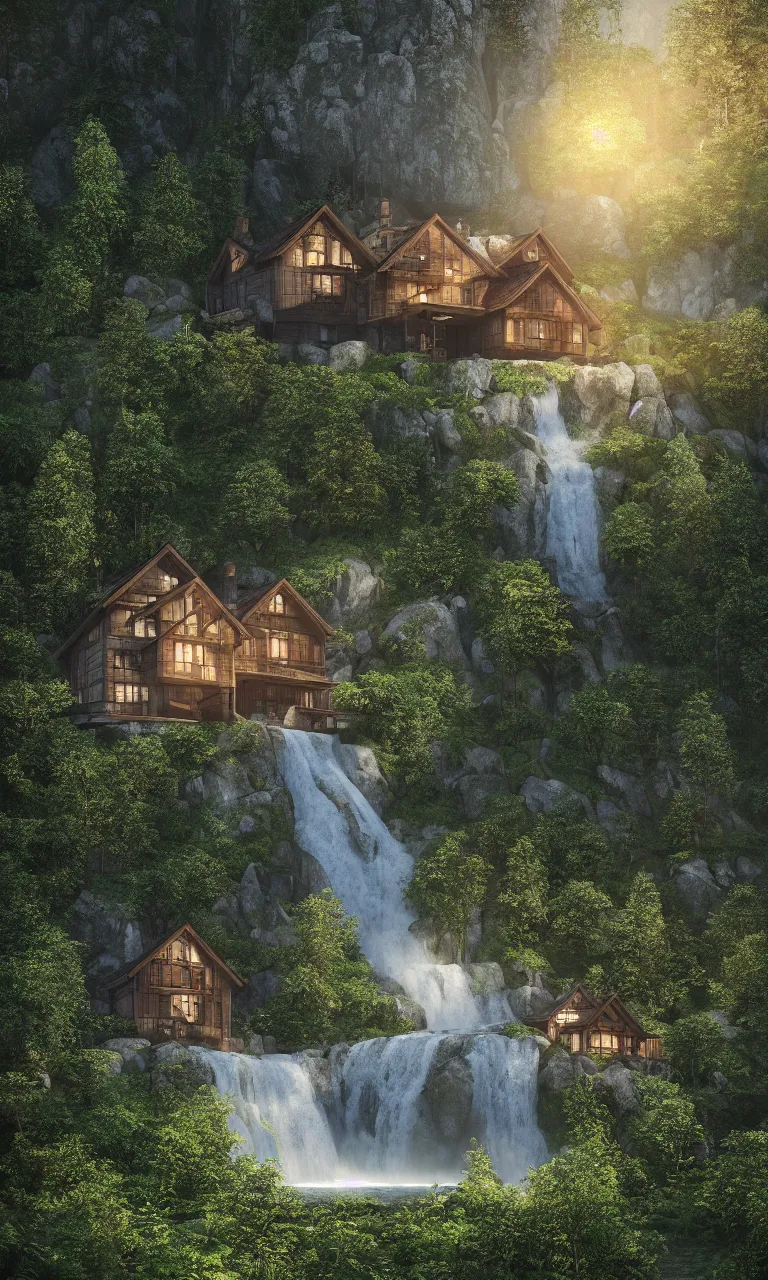 Image similar to beautiful large scandinavian house in the forest on a hill, a large waterfall flows down from the mountain in the background, octane render, fabulous, hyper detailed, random cinematic view, no noise, global illumination, warm lighting, volumetric, godrays, vivid, by jordan grimmer