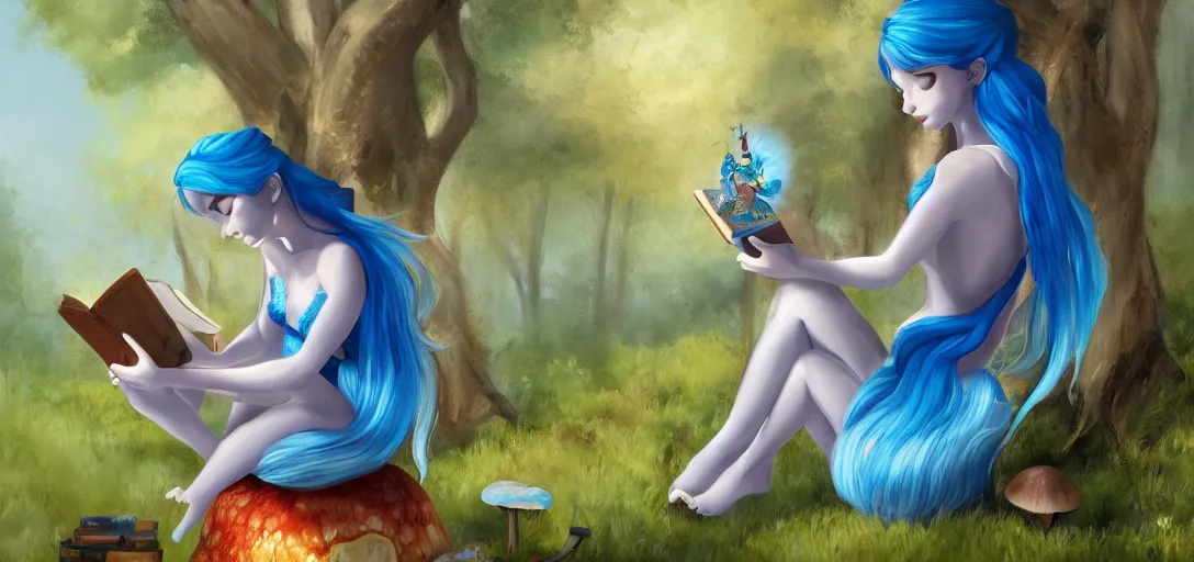 Image similar to A beautiful painting of a blue haired fairy reading a book while sitting on a mushroom by bob ross, Trending on artstation.