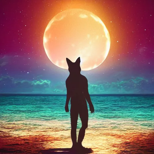 Prompt: close shot of human with fox ears standing in the middle of the ocean, digital art, acrylic, detailed, glows, moonlight,