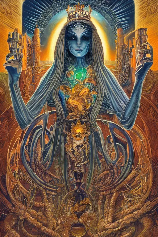 Prompt: beautiful tarot card of the queen of dreams by carol bak, jacek yerka, dan mumford, alex gray, victo ngai and h.r. giger, oil on canvas, symmetrical, 8k highly professionally detailed, HDR, trending on artstation