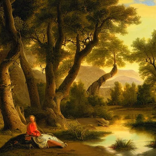 Prompt: a desert oasis, kindred spirits, lush harmony of nature, sparkling dew, by asher brown durand, by jamie jones,