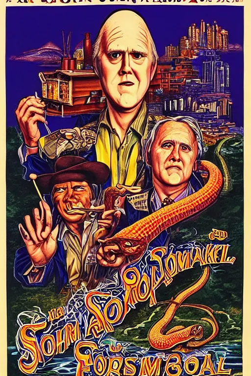 Prompt: poster for the 1 9 8 8 movie'formosan snake oil ', directed by jim jarmusch, starring john lithgow and uncle aloysius, poster by ed roth and basil wolverton ), crisp